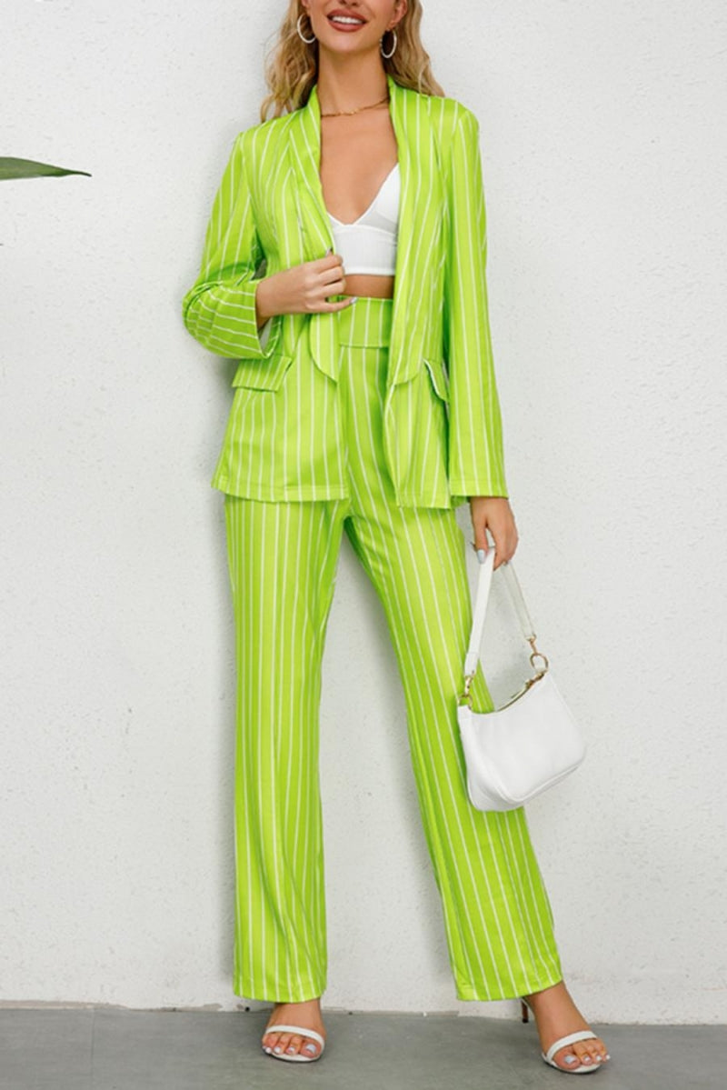 Stripe Print Blazer Pant Suit (S-2XL)