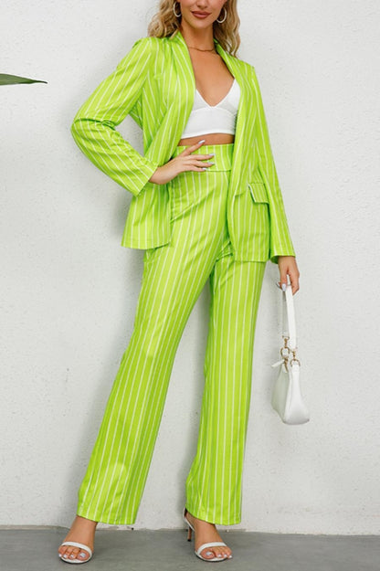 Stripe Print Blazer Pant Suit (S-2XL)