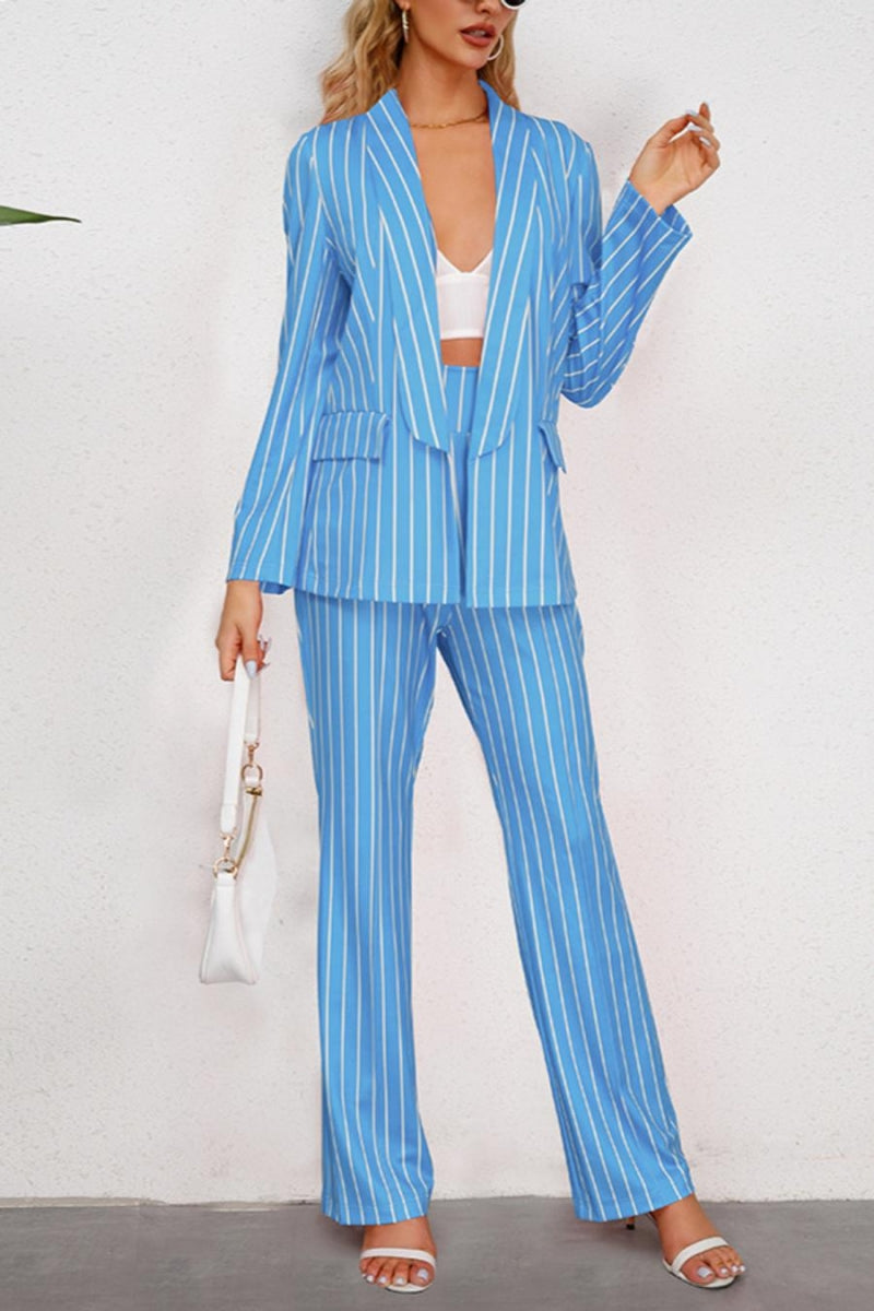 Stripe Print Blazer Pant Suit (S-2XL)