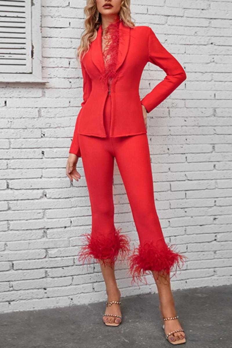 Feather Decor Blazer and Crop Pant Set