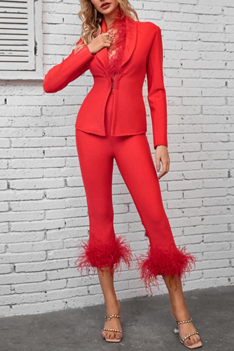 Feather Decor Blazer and Crop Pant Set