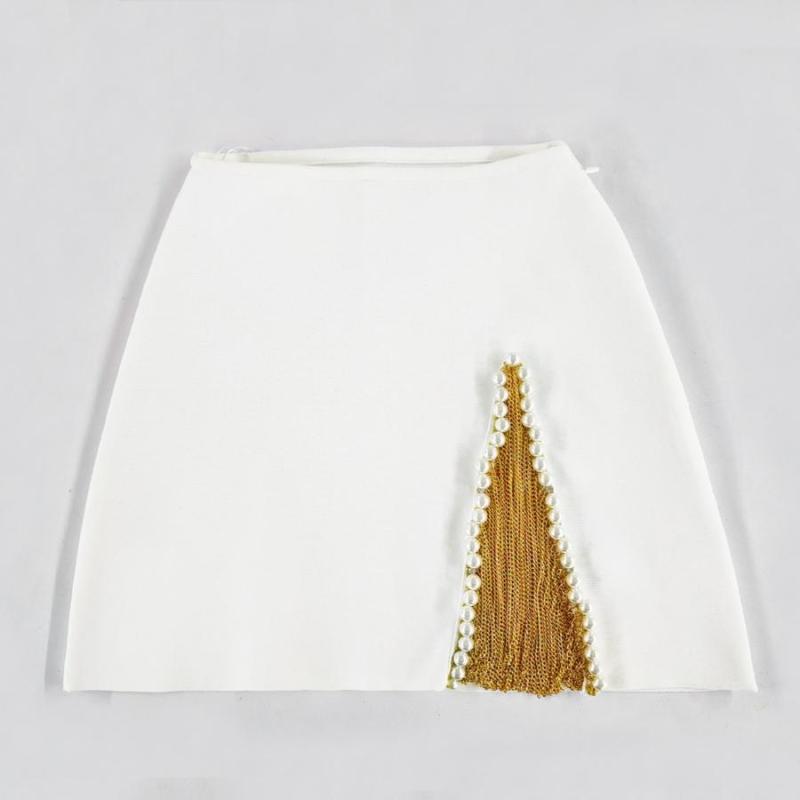 Mocha Latte Metal Pearl Chain Tassel Mini Skirt Set