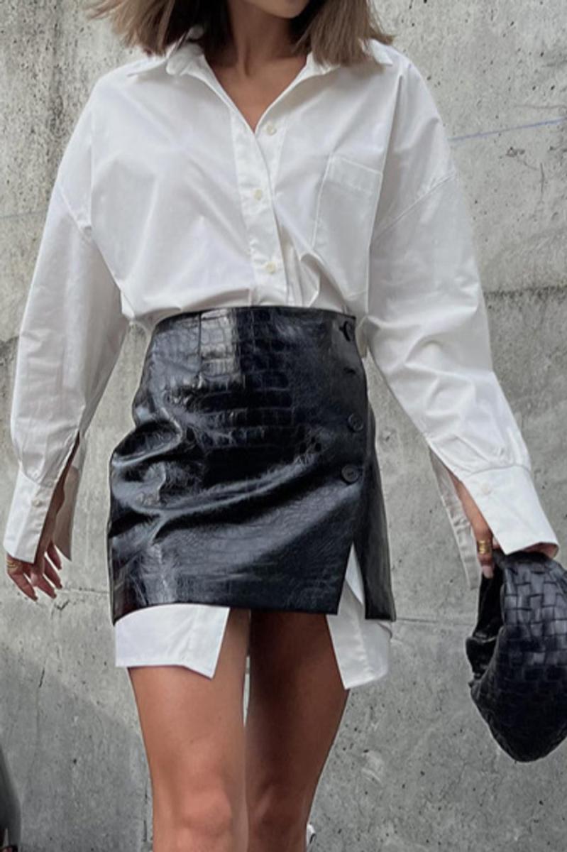 White Shirt PU Leather Mini Skirt Set