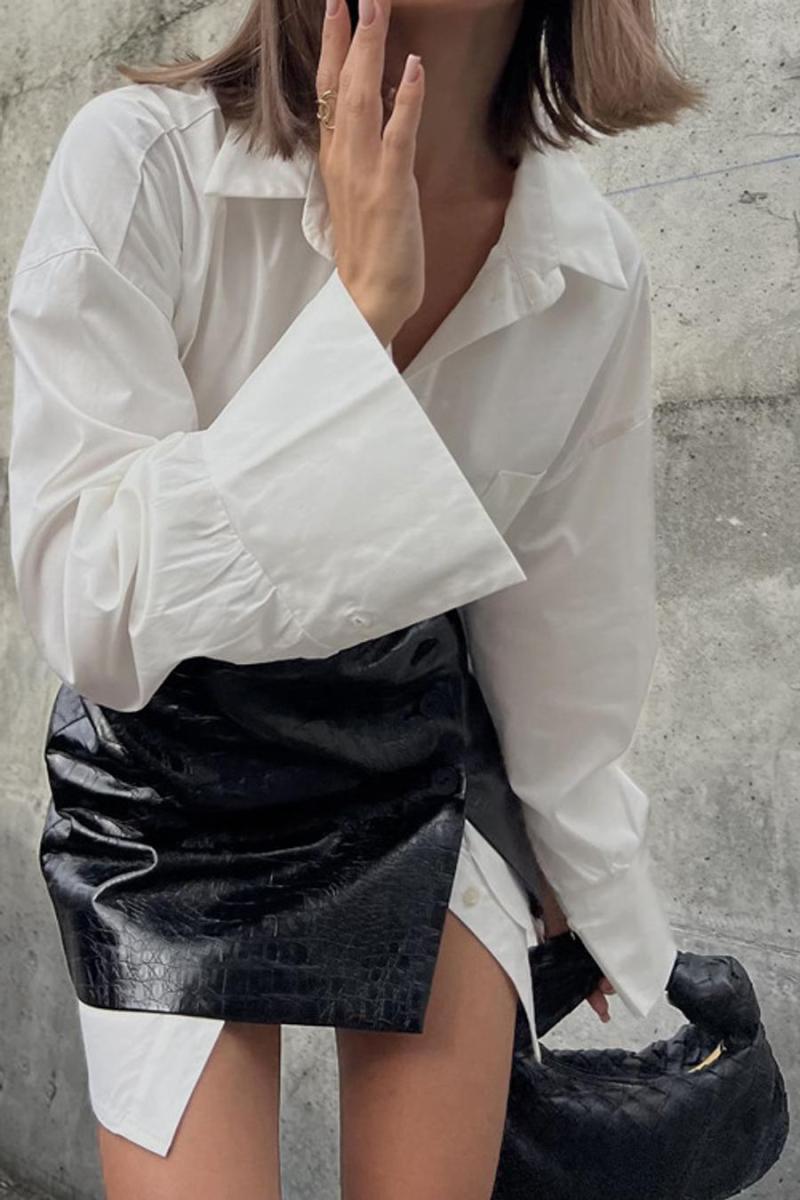 White Shirt PU Leather Mini Skirt Set