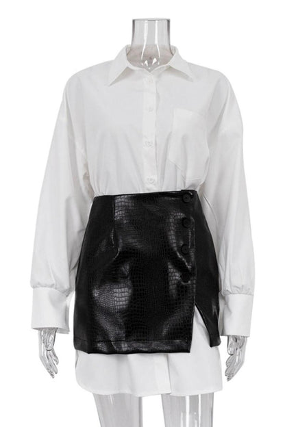 White Shirt PU Leather Mini Skirt Set