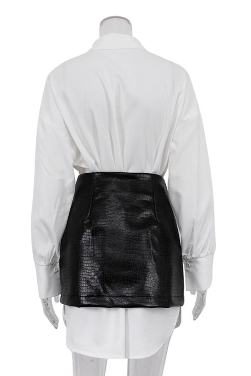 White Shirt PU Leather Mini Skirt Set