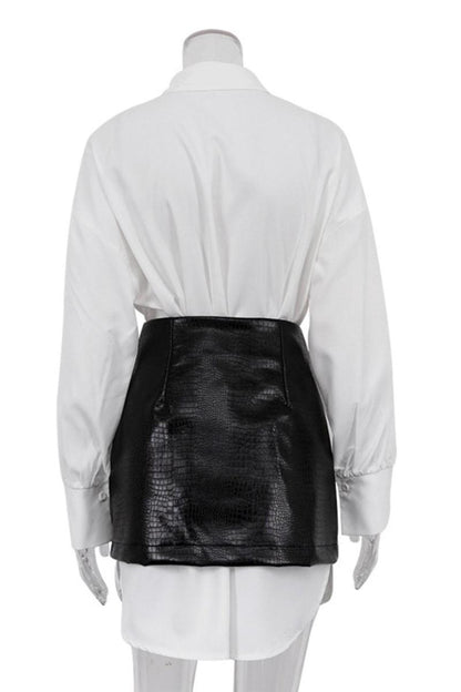 White Shirt PU Leather Mini Skirt Set