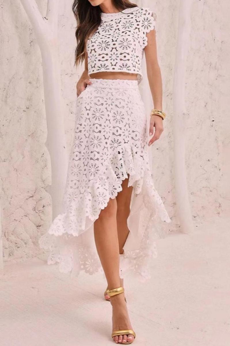 Embroidered Flower Top Asymmetrical Ruffle Midi Skirt Set