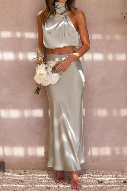 Sleeveless Satin Maxi Skirt Set