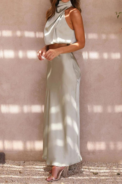 Sleeveless Satin Maxi Skirt Set