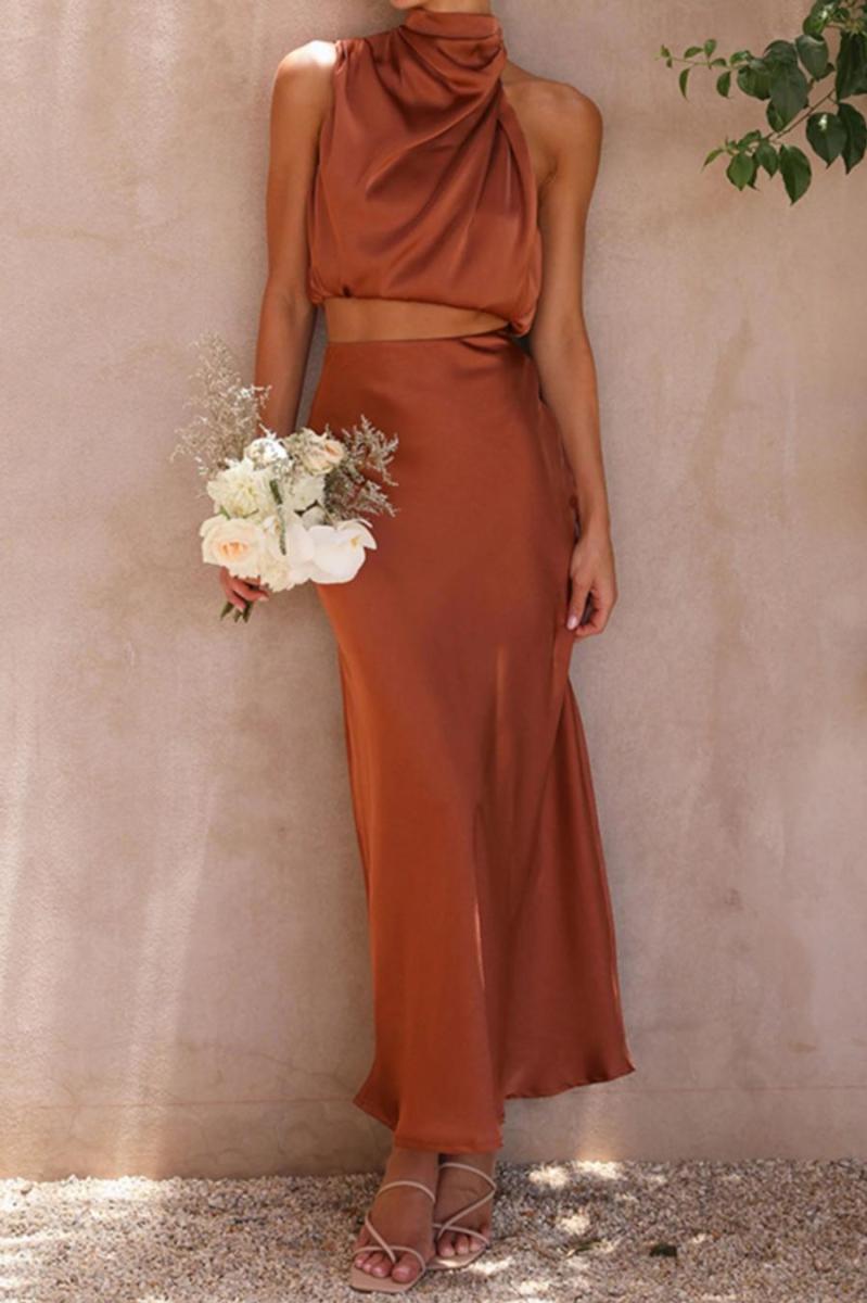 Sleeveless Satin Maxi Skirt Set