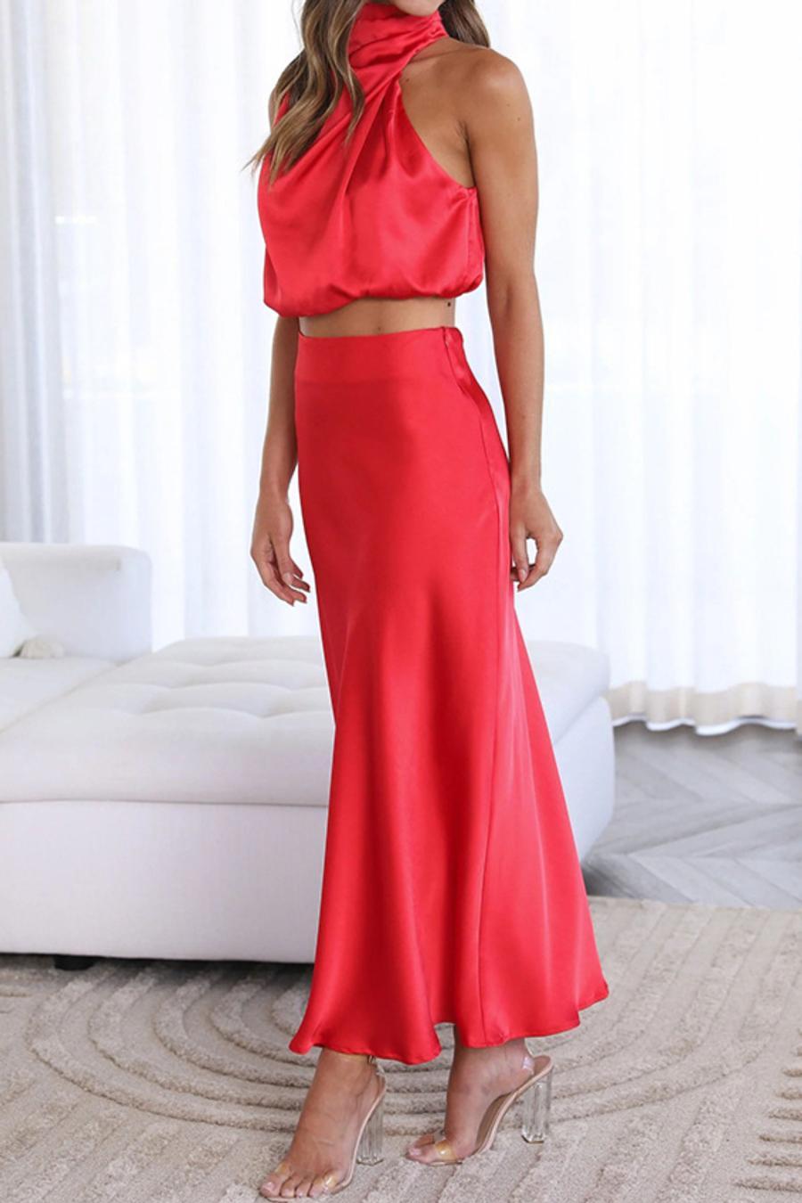 Sleeveless Satin Maxi Skirt Set