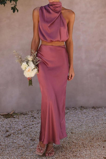 Sleeveless Satin Maxi Skirt Set