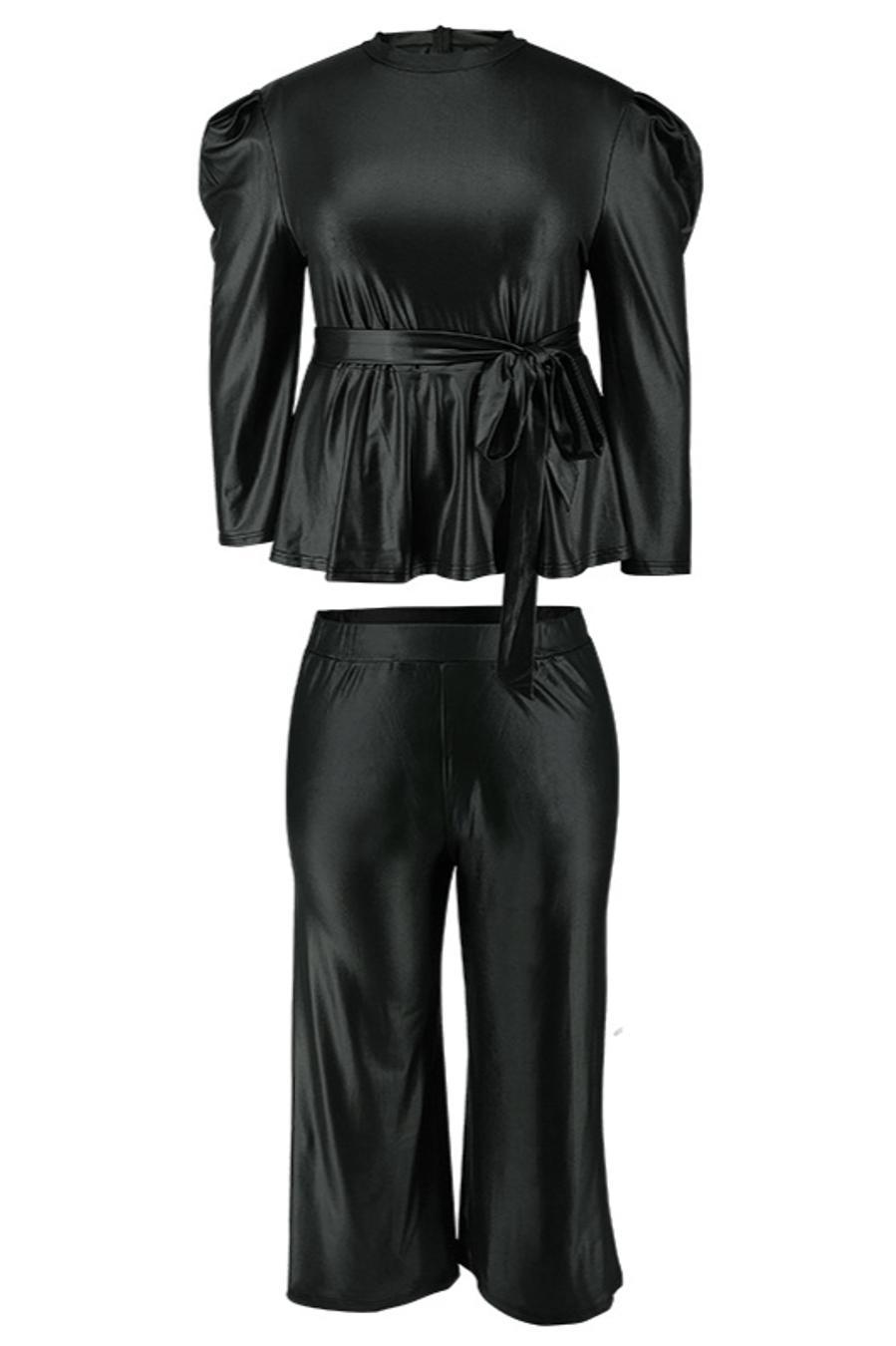 Plus-Size PU Belted Top Pant Set