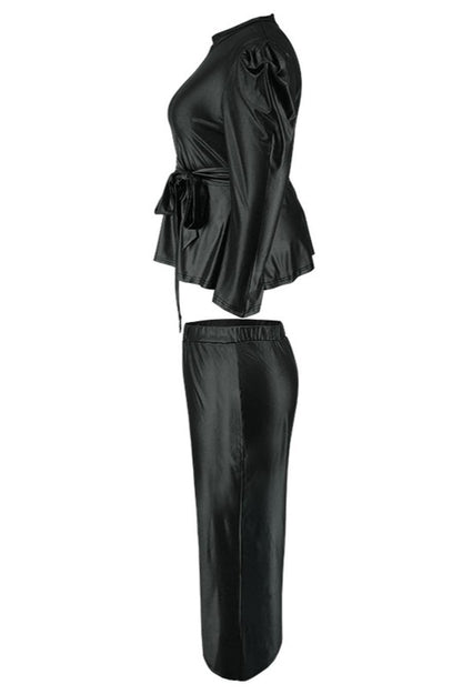 Plus-Size PU Belted Top Pant Set