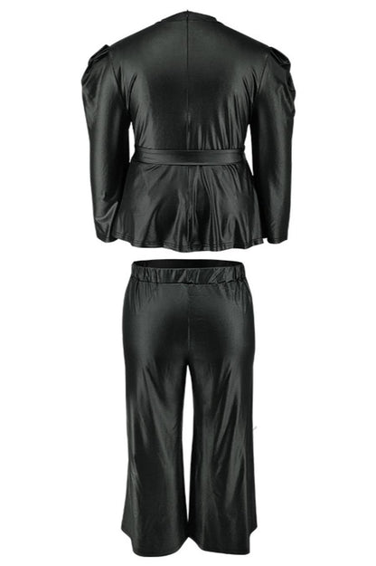 Plus-Size PU Belted Top Pant Set