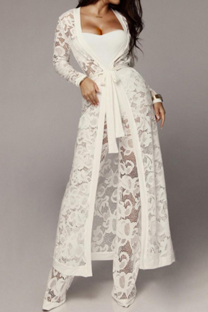 Bandeau Top Sheer Lace Belted Maxi Cardigan Pant Set