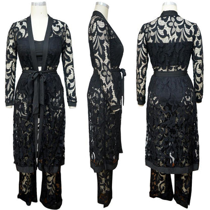 Bandeau Top Sheer Lace Belted Maxi Cardigan Pant Set