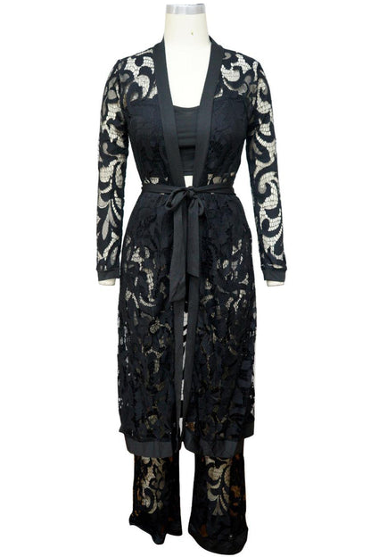 Bandeau Top Sheer Lace Belted Maxi Cardigan Pant Set