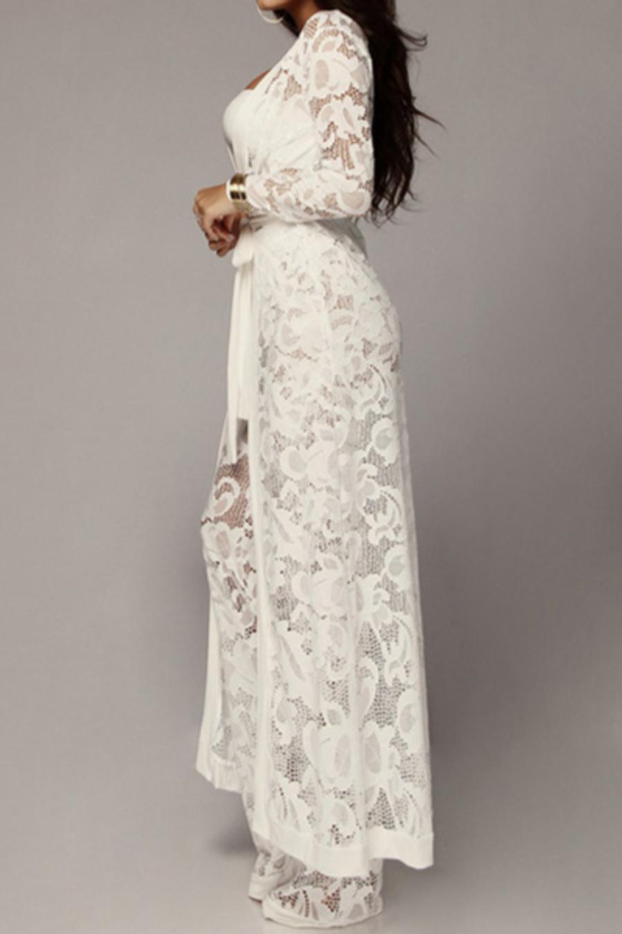 Bandeau Top Sheer Lace Belted Maxi Cardigan Pant Set