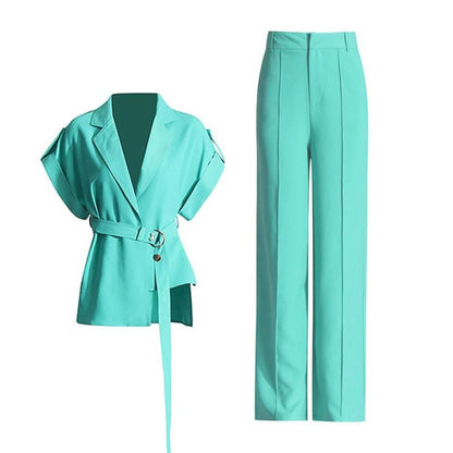 Mint Green Belted Shirt High Waist Wide Leg Pant Set