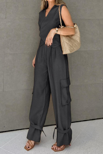 Sleeveless Cross Over Vest Slacks Set