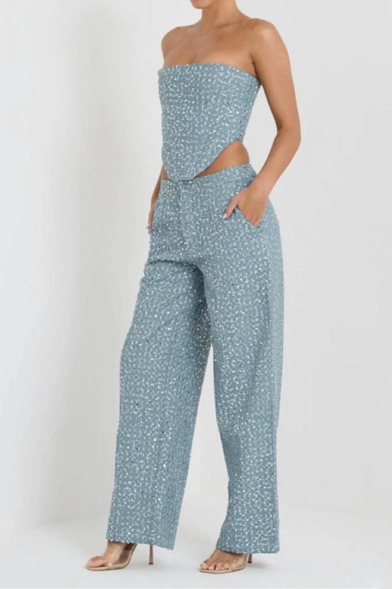 Sequin Decor Denim Bandeau Top Straight Pant Set