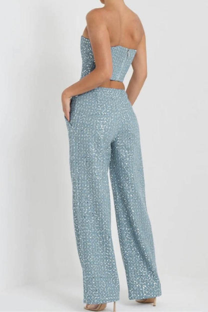 Sequin Decor Denim Bandeau Top Straight Pant Set