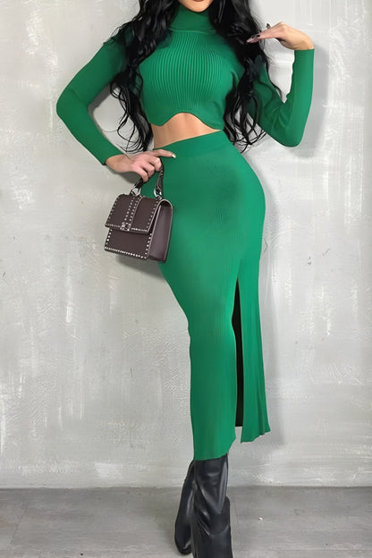 Long Sleeve Turtle Neck Crop Top  Midi Skirt Set