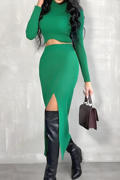 Long Sleeve Turtle Neck Crop Top  Midi Skirt Set