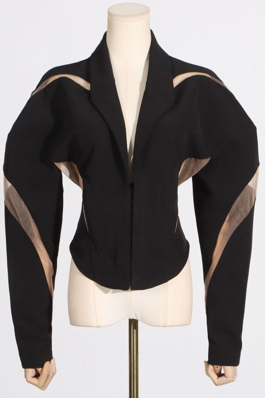 Black V-Neck Mesh Stripe Jacket