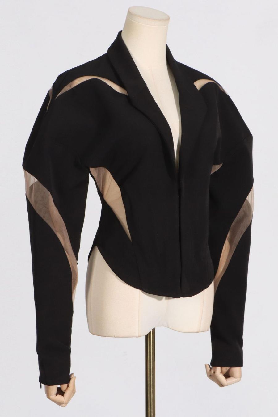 Black V-Neck Mesh Stripe Jacket