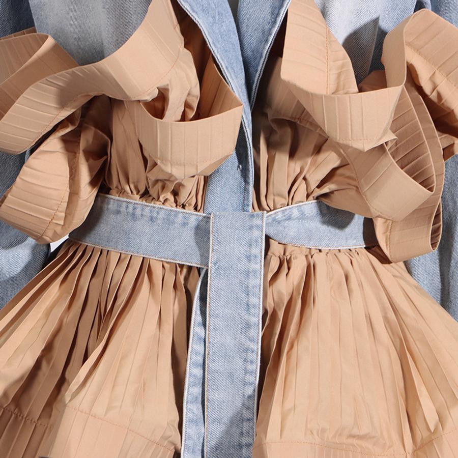 Fluted Waist Belted Denim Jacket