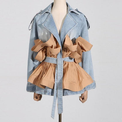 Fluted Waist Belted Denim Jacket