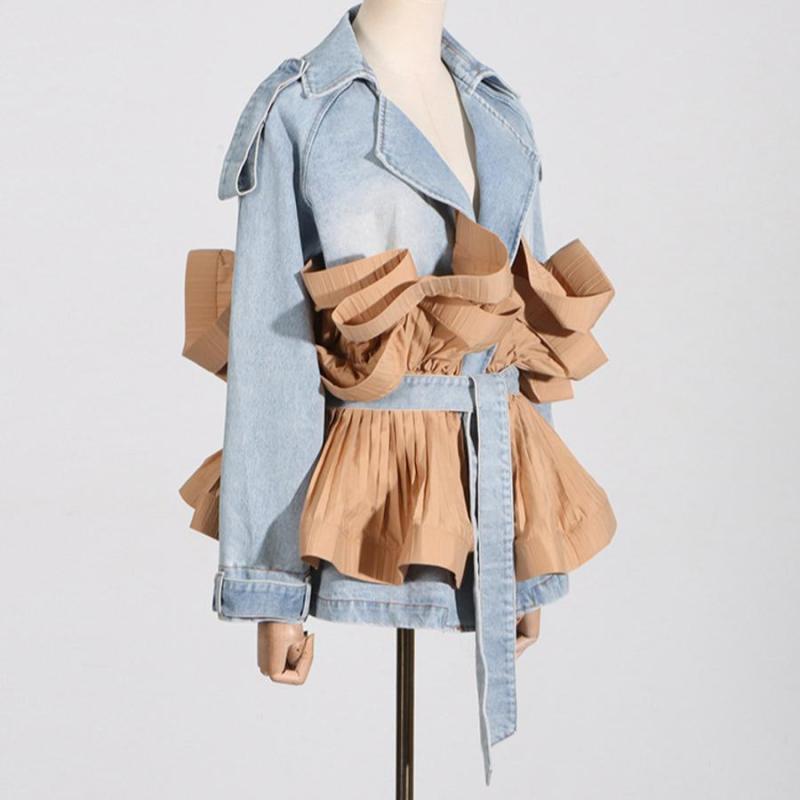 Fluted Waist Belted Denim Jacket