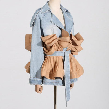 Fluted Waist Belted Denim Jacket