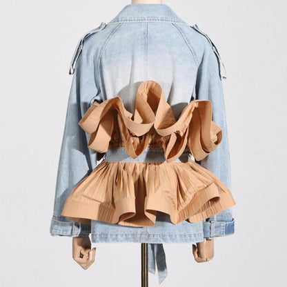 Fluted Waist Belted Denim Jacket