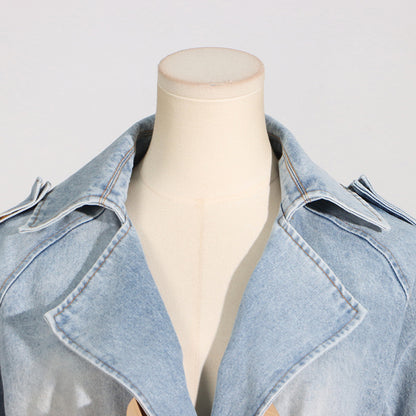 Fluted Waist Belted Denim Jacket