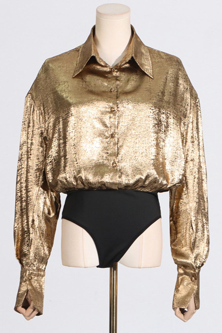 Gold Stretch Lapel Holographic Bodysuit