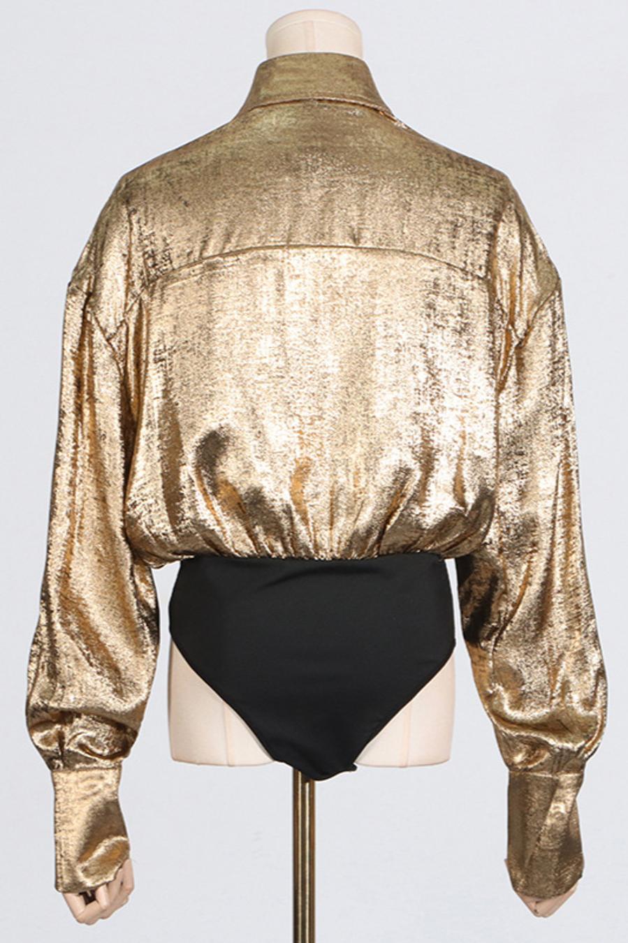 Gold Stretch Lapel Holographic Bodysuit