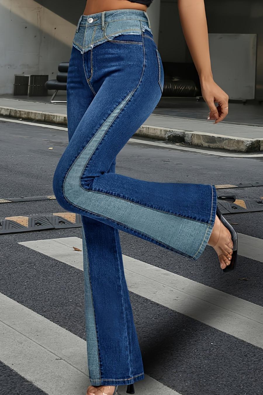 Two-Tone Wide Leg Fitted Jeans