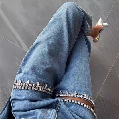 High Waist Rhinestone Cutout Jewel Jeans