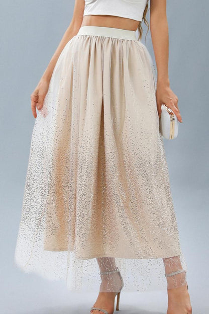 Sheer Sequin Mesh Overlay High-Waist Maxi Skirt