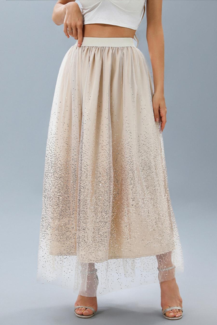 Sheer Sequin Mesh Overlay High-Waist Maxi Skirt