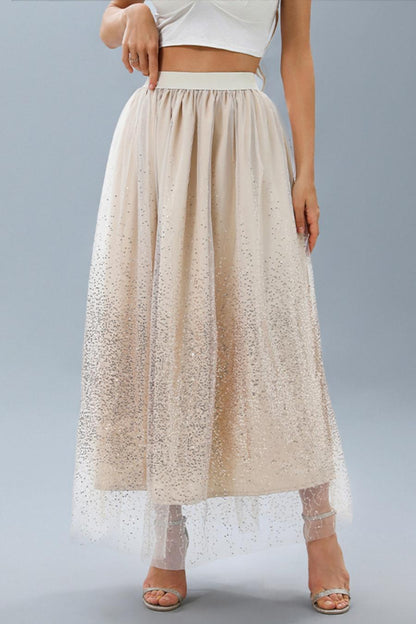 Sheer Sequin Mesh Overlay High-Waist Maxi Skirt