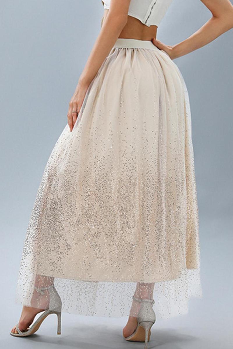 Sheer Sequin Mesh Overlay High-Waist Maxi Skirt