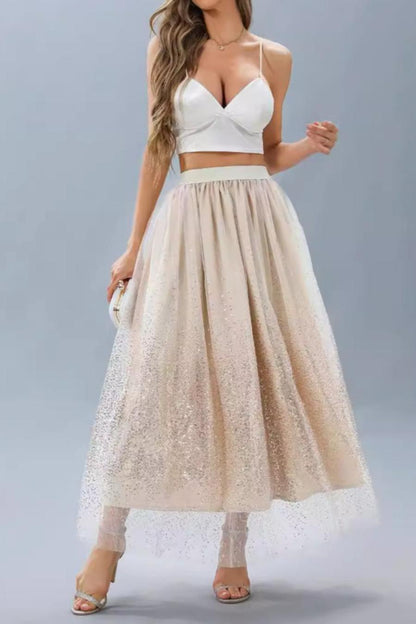 Sheer Sequin Mesh Overlay High-Waist Maxi Skirt