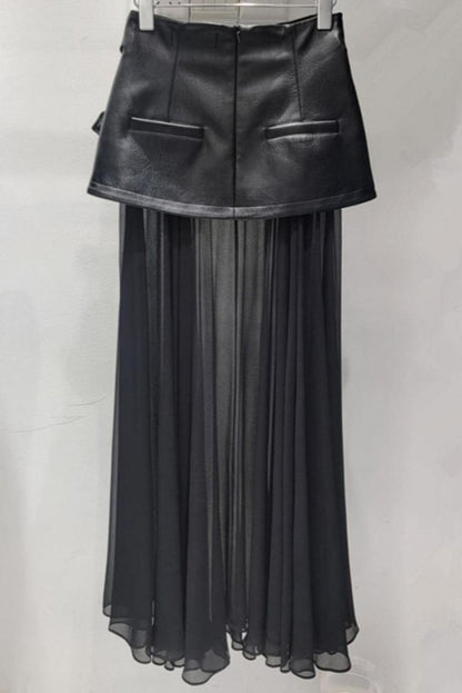 PU Leather Waist Band Sheer Midi Skirt(size run small)