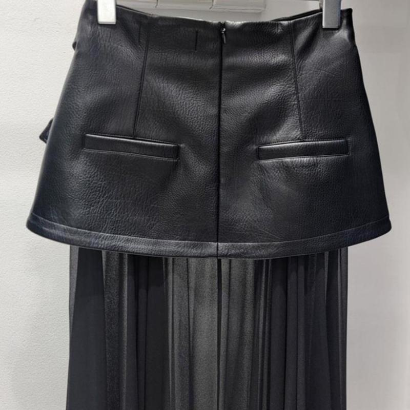 PU Leather Waist Band Sheer Midi Skirt(size run small)