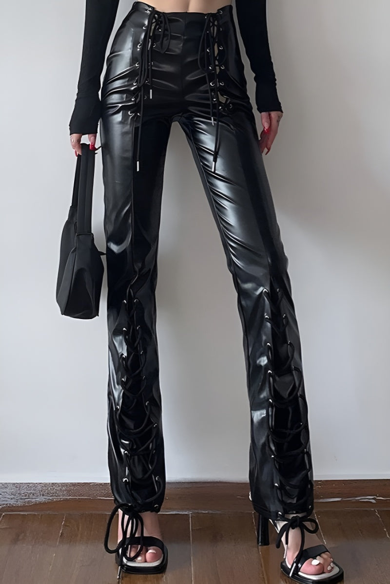 Eyelet Lace Up  PU Leather Pants